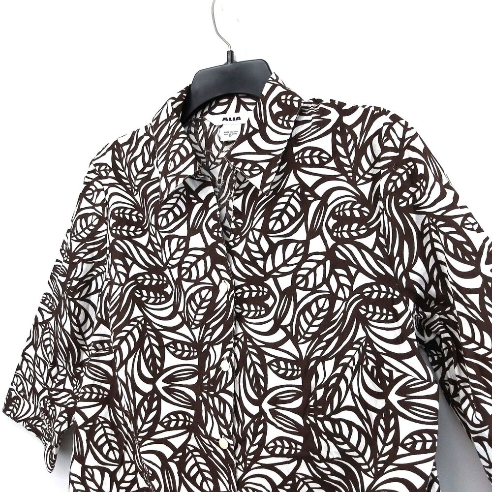 ALIA Shirt Womens Size 12 White Brown Floral 3/4 Sleeve Button Up Blouse Top - Picture 2 of 9